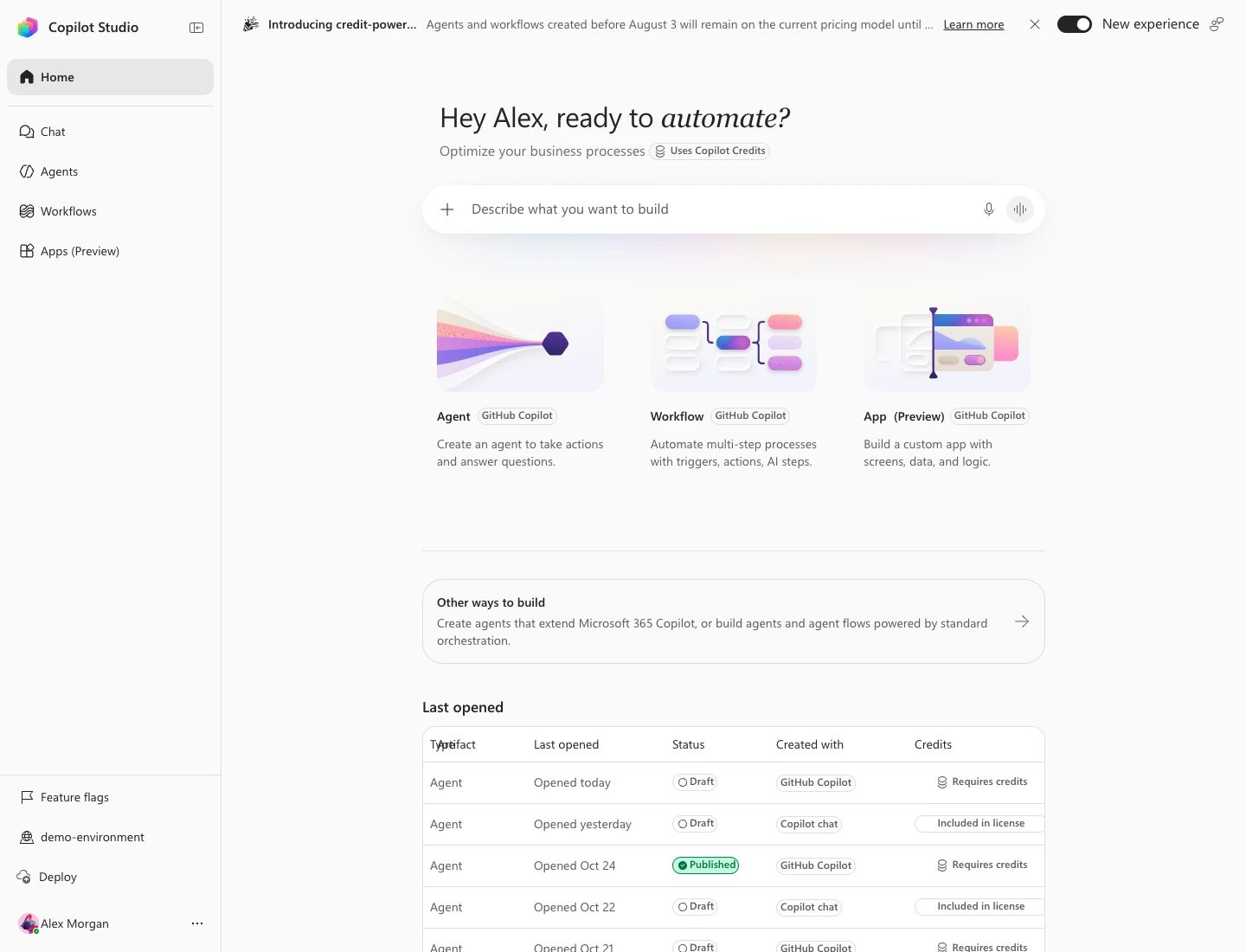 A unified creation model for agents, workflows, and apps. Sample prototype data.